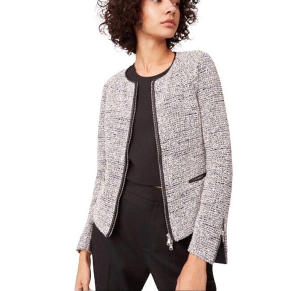 Club Monaco Bria Boucle Knit Zipper Blazer Leather Look Trim Women’s Small